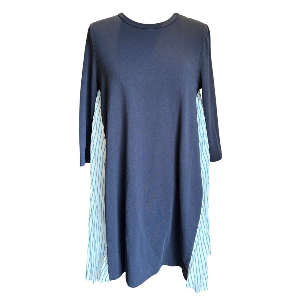 Pomander Place Tukernuck Shift Dress Small Navy Blue Pleated Side Stripe Coastal